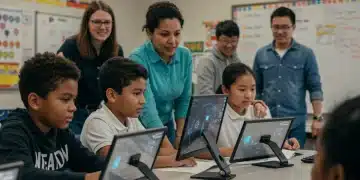 Students and educators interacting with AI-powered learning tools in a modern classroom.