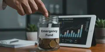 Hand putting coins into an emergency fund jar with high-yield savings data