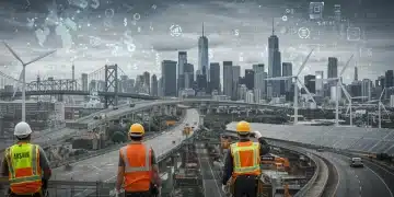 Workers on a bridge construction site with city skyline, symbolizing job creation from infrastructure bill.
