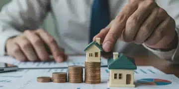 Hand placing coins on a house figurine, symbolizing interest rate impact on housing costs.