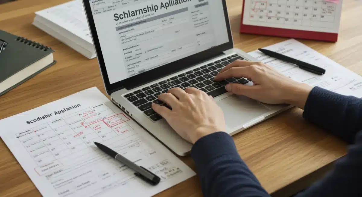Student diligently working on scholarship applications on laptop