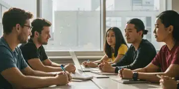 Students collaborating on a project in a modern university classroom setting