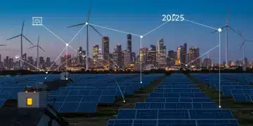 Solar panels on a suburban home, wind turbines on a distant horizon, and a glowing city grid at sunset, illustrating the future of energy policy in 2025.