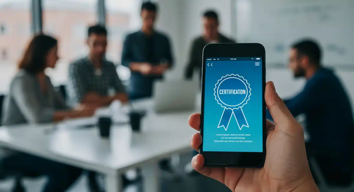 Professional holding a digital certification badge on a smartphone in an office setting