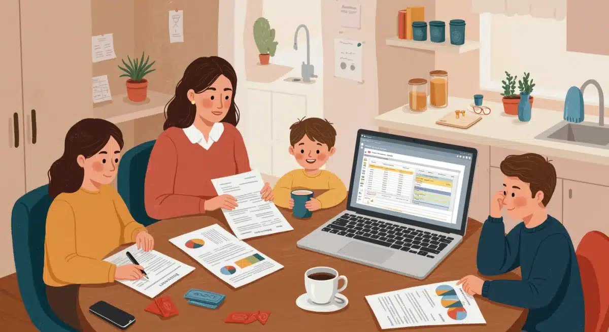 Family reviewing financial documents and budget spreadsheets at home.