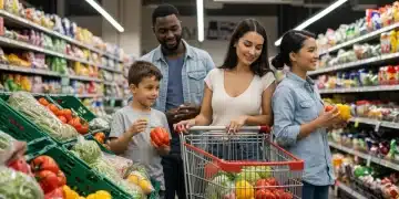 Family happily grocery shopping with full cart