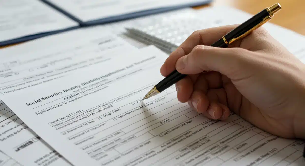 Hand meticulously filling out Social Security Disability application form