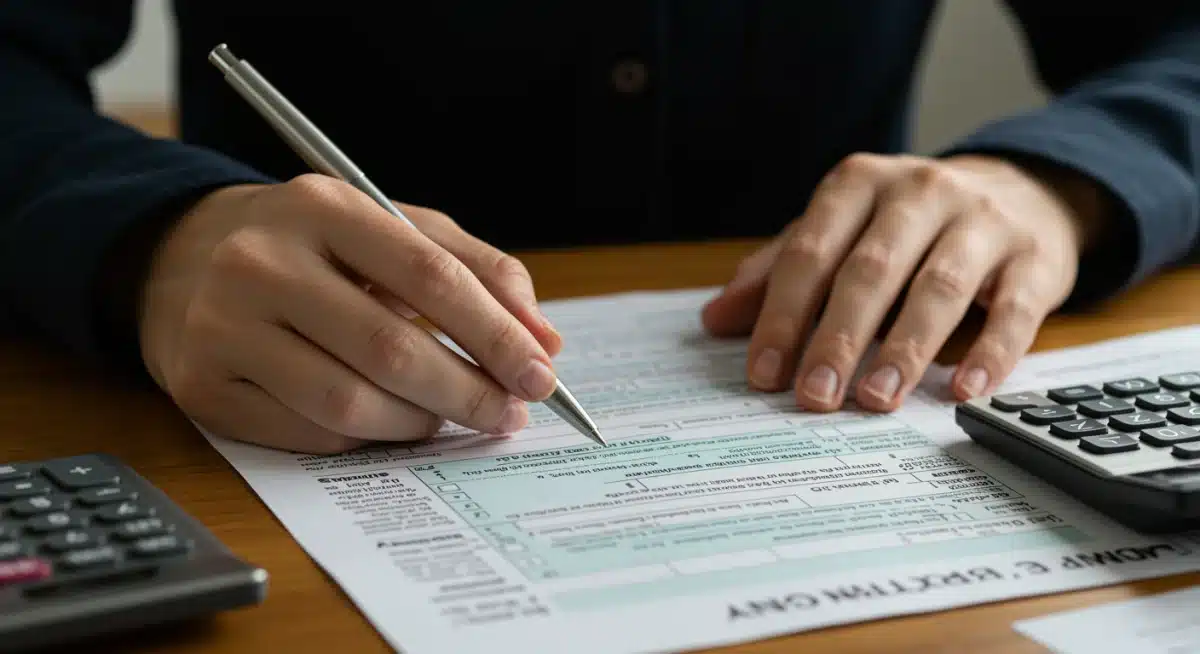 Hands completing a tax form with a pen and calculator, focusing on child tax credit details.