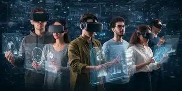 Futuristic online learning environment with diverse students using VR and holographic interfaces in 2025.