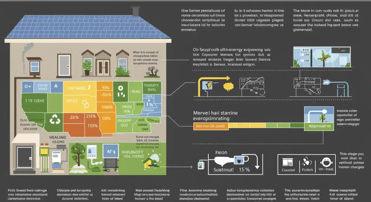 Infographic showing household energy consumption breakdown with percentages for heating, cooling, appliances, and electric vehicles, illustrating policy impact areas.