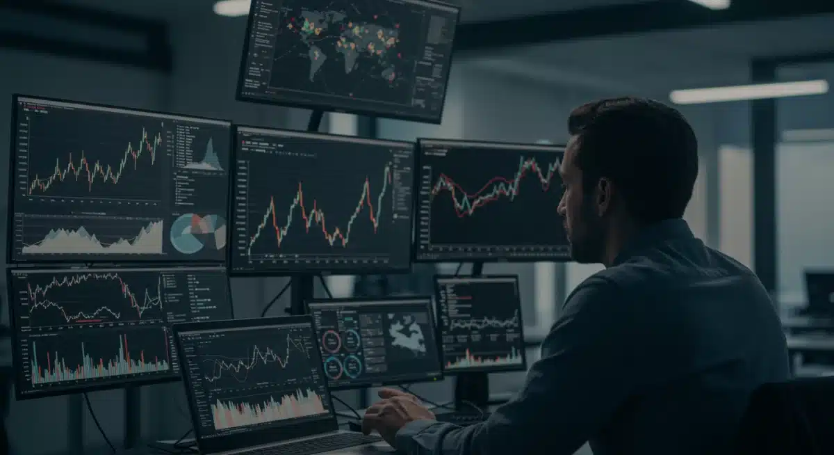 Investor analyzing multiple financial screens to inform portfolio adjustments for market volatility.