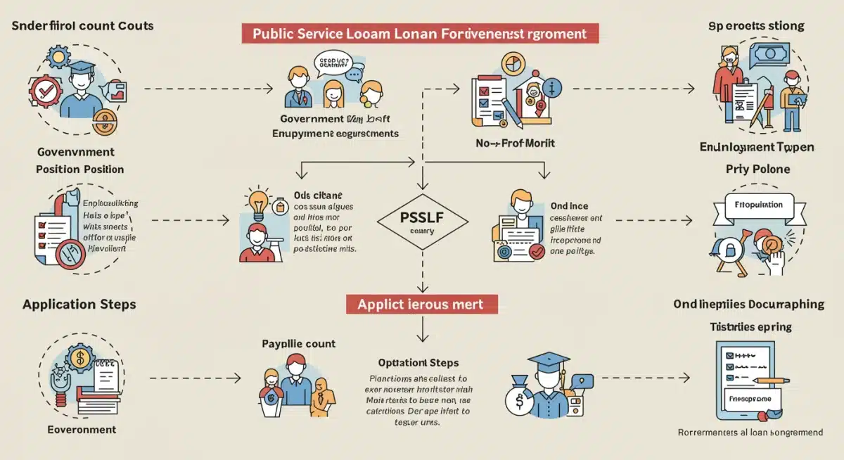 Infographic detailing Public Service Loan Forgiveness (PSLF) program requirements and steps.