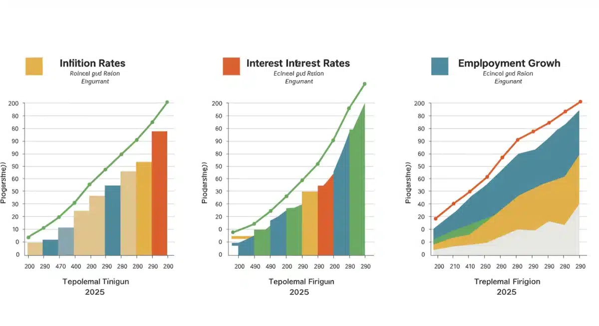 Infographic displaying U.S. economic indicators: declining inflation, stable interest rates, and rising employment, projecting 2025 trends.