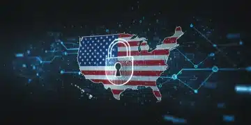Digital lock over US map with binary code, representing 2026 cybersecurity legislation and digital privacy.