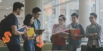 College students discussing financial aid forms in a modern university setting.