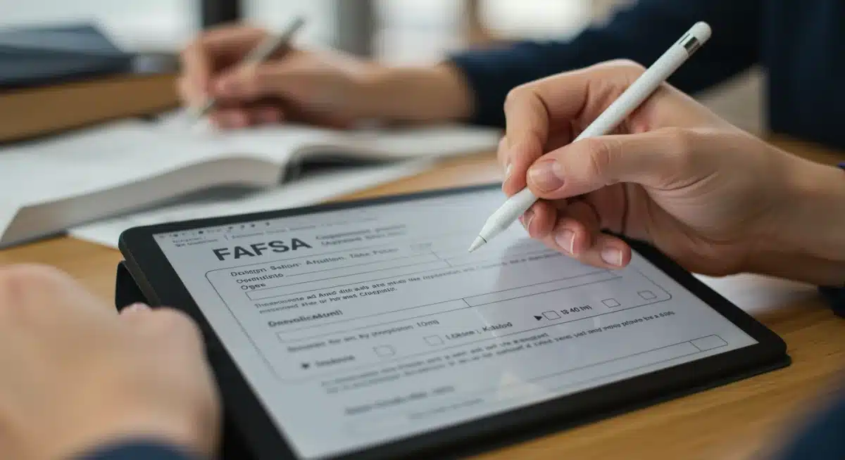 Person completing a digital FAFSA form on a tablet, focusing on financial details.