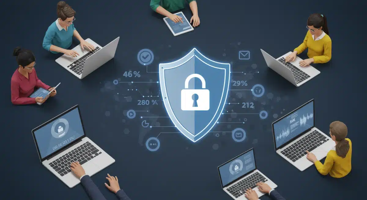 People using digital devices with a shield icon, illustrating enhanced user privacy protection.