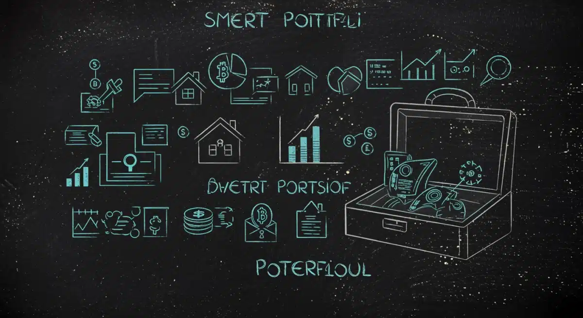 Diversified investment portfolio with symbols for stocks, real estate, and commodities.