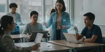 Future classroom with AI interfaces and diverse students