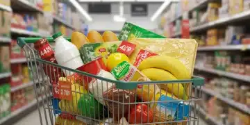Shopping cart with expensive groceries, symbolizing rising inflation and its effect on everyday goods.