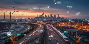 Futuristic infrastructure network with highways, rail, and renewable energy, symbolizing the 2026 Infrastructure Bill's impact.