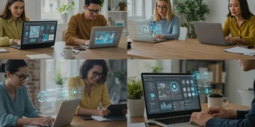 Adults learning online on laptops and tablets for career advancement in 2025