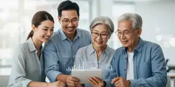People happily reviewing retirement savings on a tablet