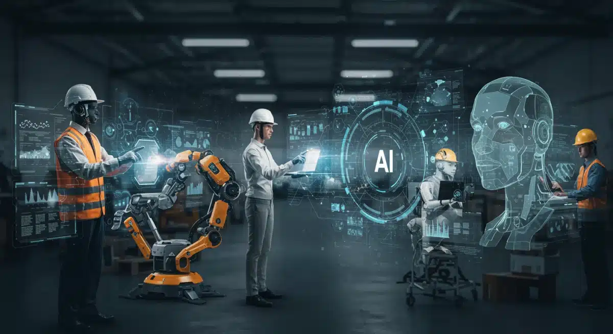 Human workers collaborating with AI and robotics, symbolizing reskilling and technological impact on the future workforce.