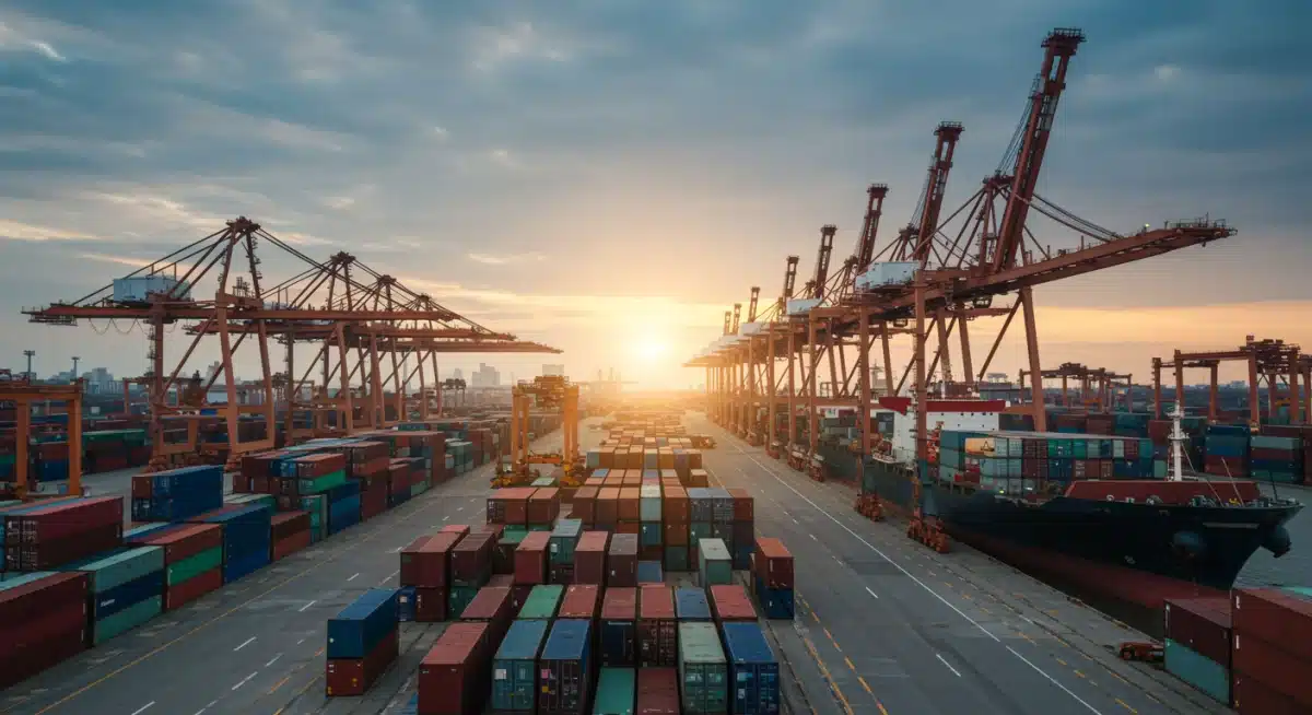 Busy shipping port with container ships and cranes, illustrating global supply chain and logistics.