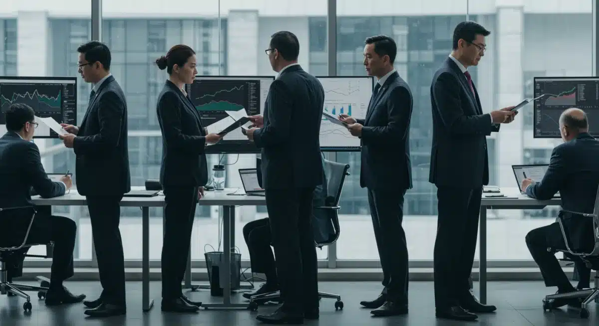 Diverse investors discussing digital currency market trends and new regulations.