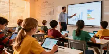 Students and teacher engaging with modern technology in a K-12 classroom, representing future education policies.