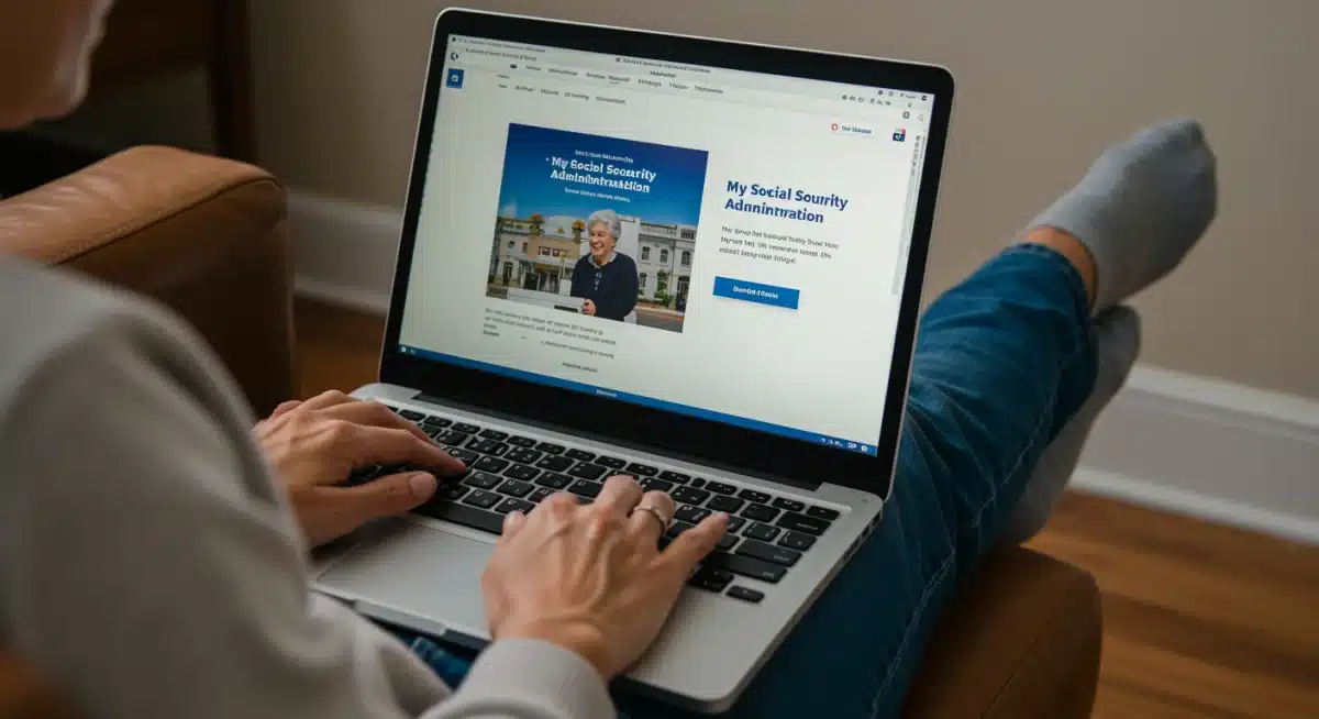 Retiree accessing Social Security Administration website on a laptop for benefit information