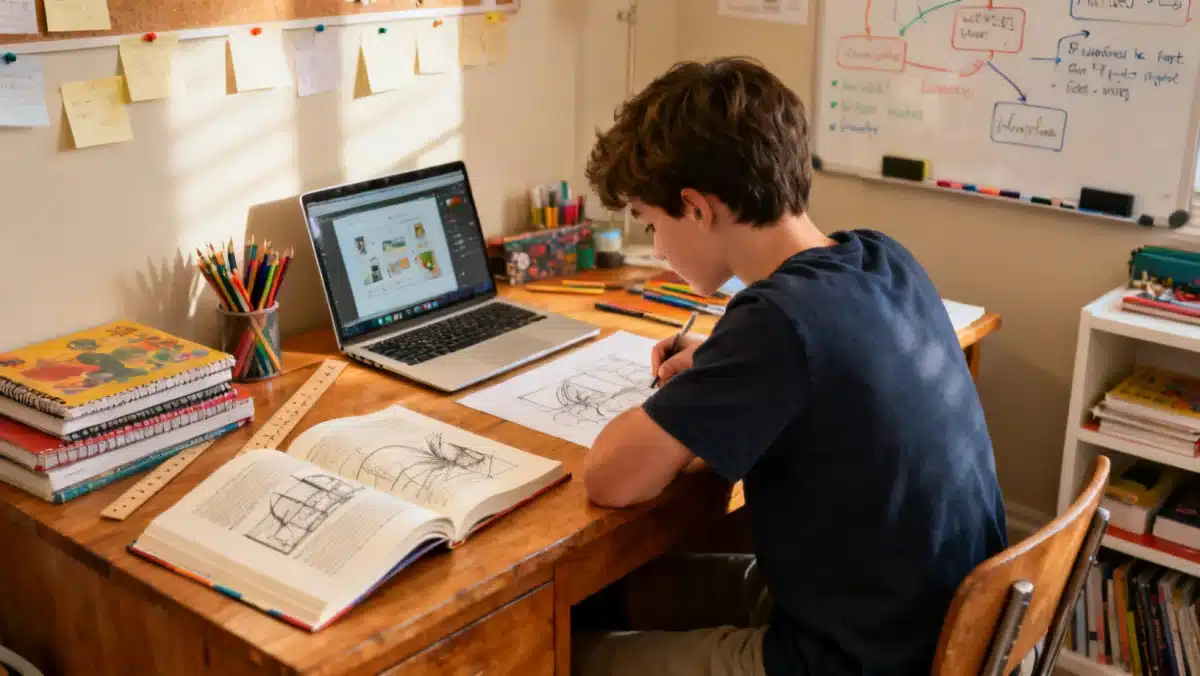 Student engaged in personalized learning with various educational resources.