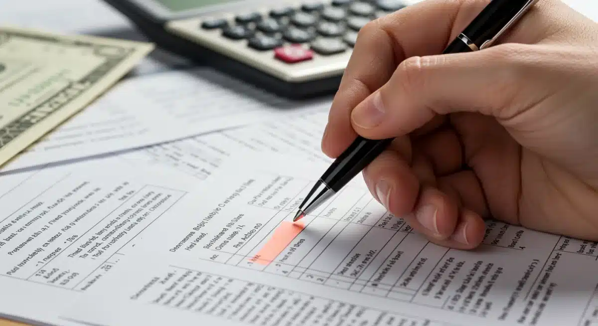 Hand marking deductions on a tax form, illustrating tax preparation.