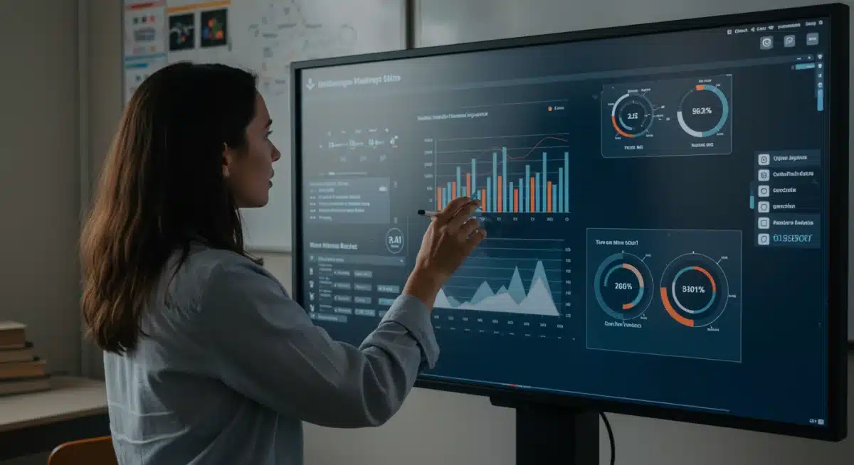 Educator analyzing AI-driven student performance data on interactive screen