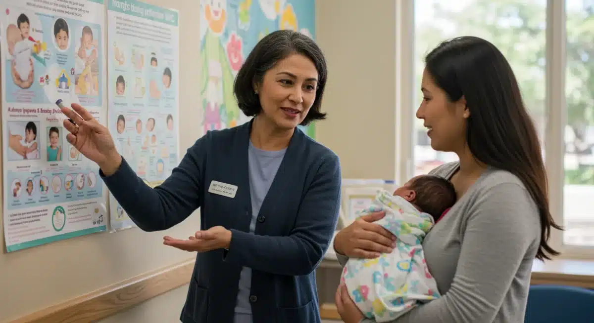 WIC nutritionist explaining infant feeding to a new mother.