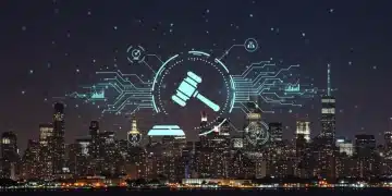 Futuristic cityscape with digital lines, gavel, and US flag representing AI regulation impact on US industries by 2026.