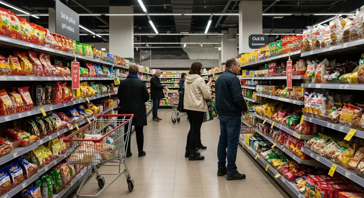 Consumers in a grocery store encountering sparse shelves due to supply chain issues