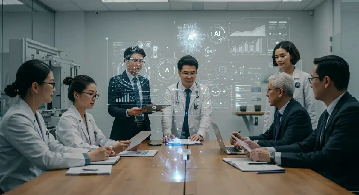 Professionals from diverse industries collaborating on AI regulation, discussing data and policy implications.