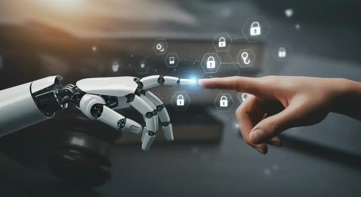 Robotic and human hand touching, symbolizing ethical AI and human-AI collaboration with blurred legal documents in background.