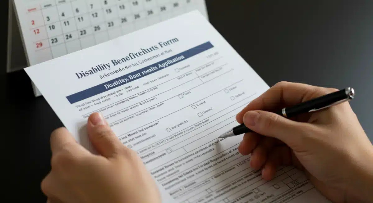 Person filling out a disability benefits application form for 2026