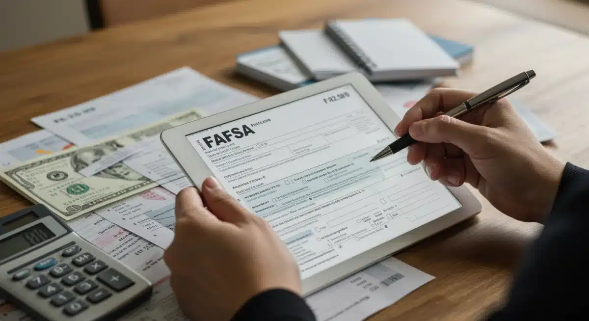 Person completing a FAFSA form on a tablet with financial documents, illustrating the application process.