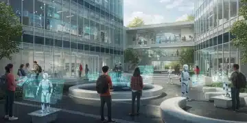 Futuristic university campus with students collaborating on innovative projects