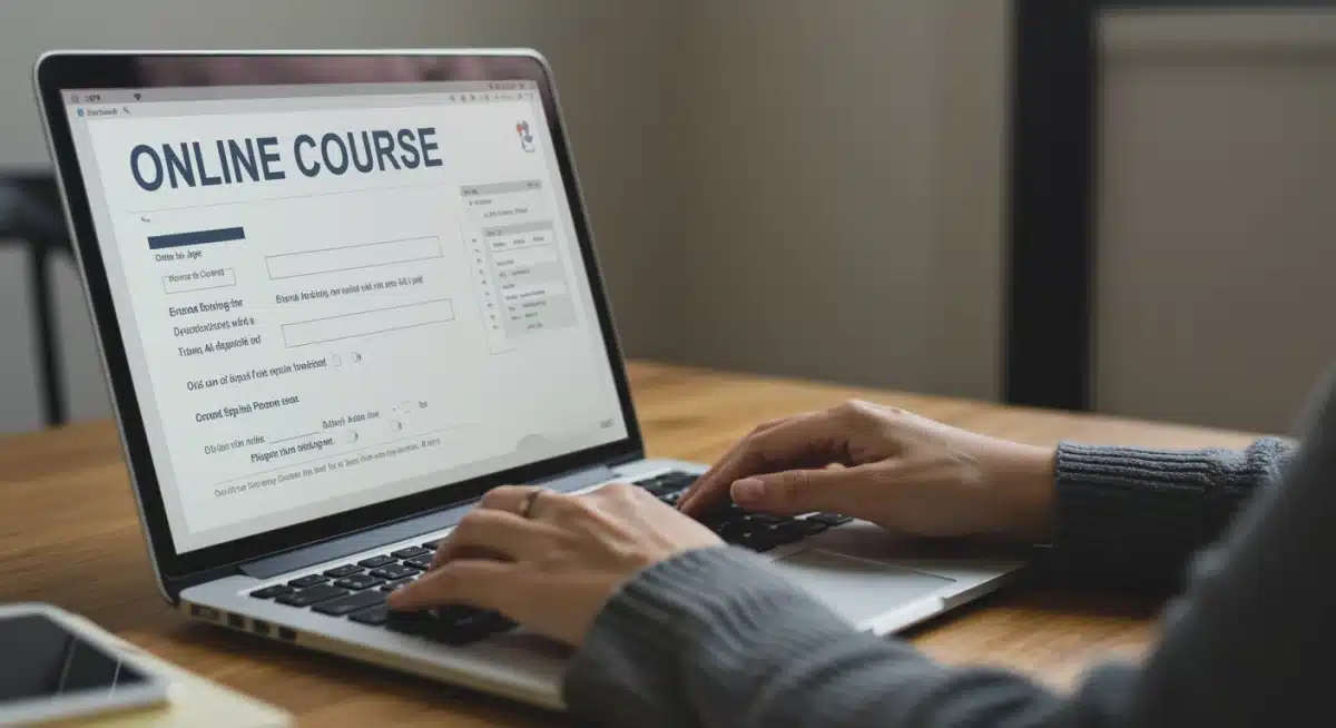 Hands typing on laptop, accessing online learning or grant application.