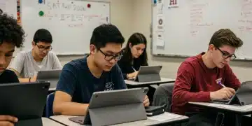 High school students preparing for 2026 digital SAT and ACT on tablets