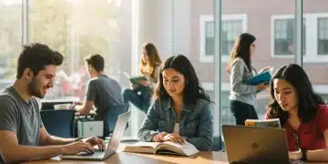 Students diligently studying in a university library, representing the pursuit of higher education funded by federal student aid.