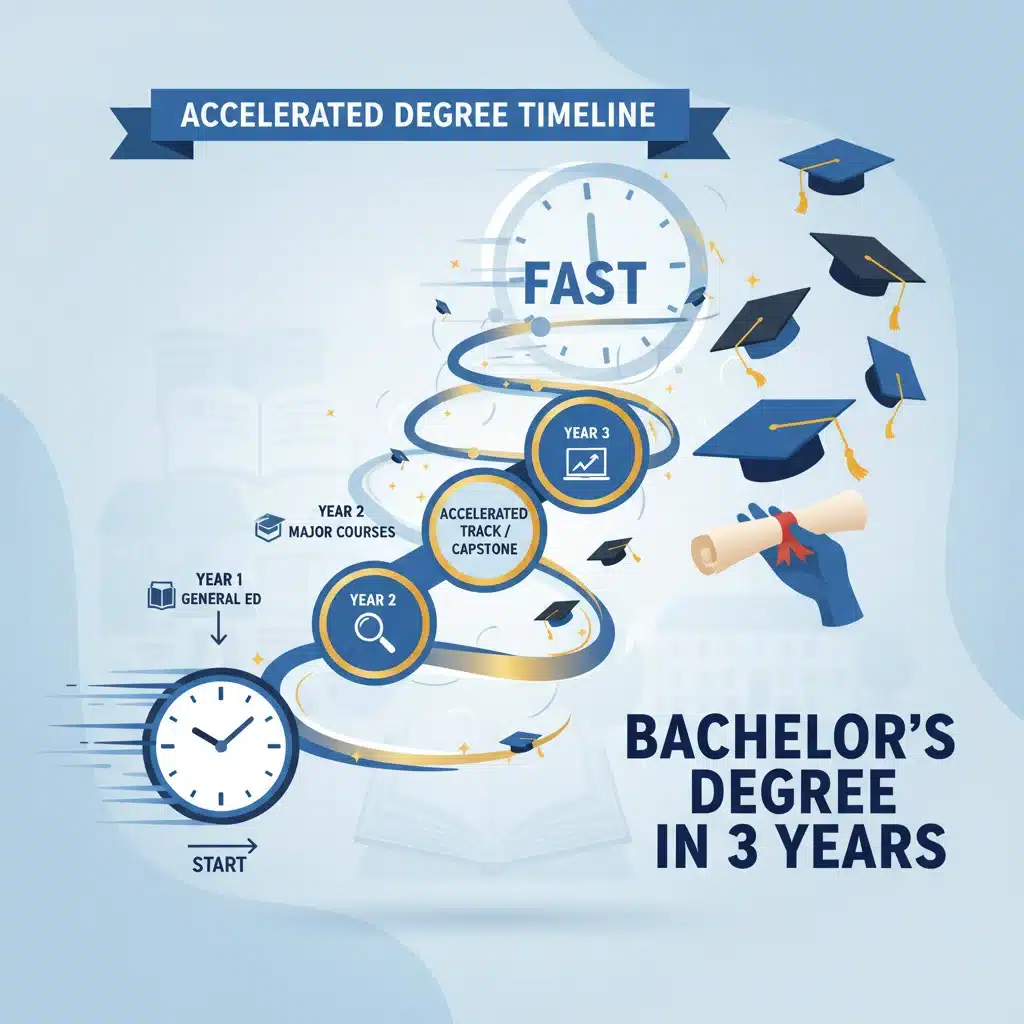 Accelerated degree timeline with graduation cap, showing fast-paced academic progress