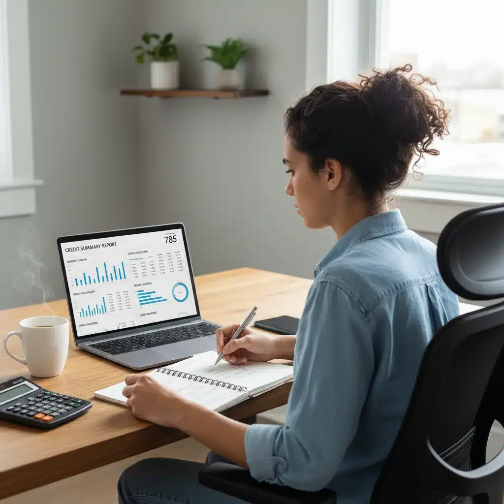 Person analyzing credit report on laptop at home office desk, focused on financial review
