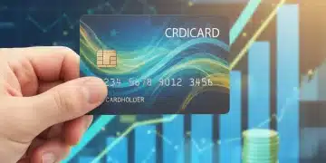 Hand holding credit card with financial growth charts in background, symbolizing FICO score optimization and financial success