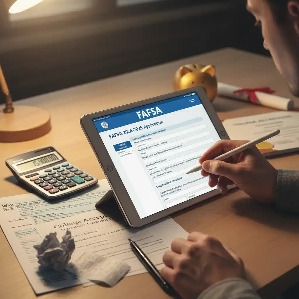 Hand filling out digital FAFSA form with financial documents
